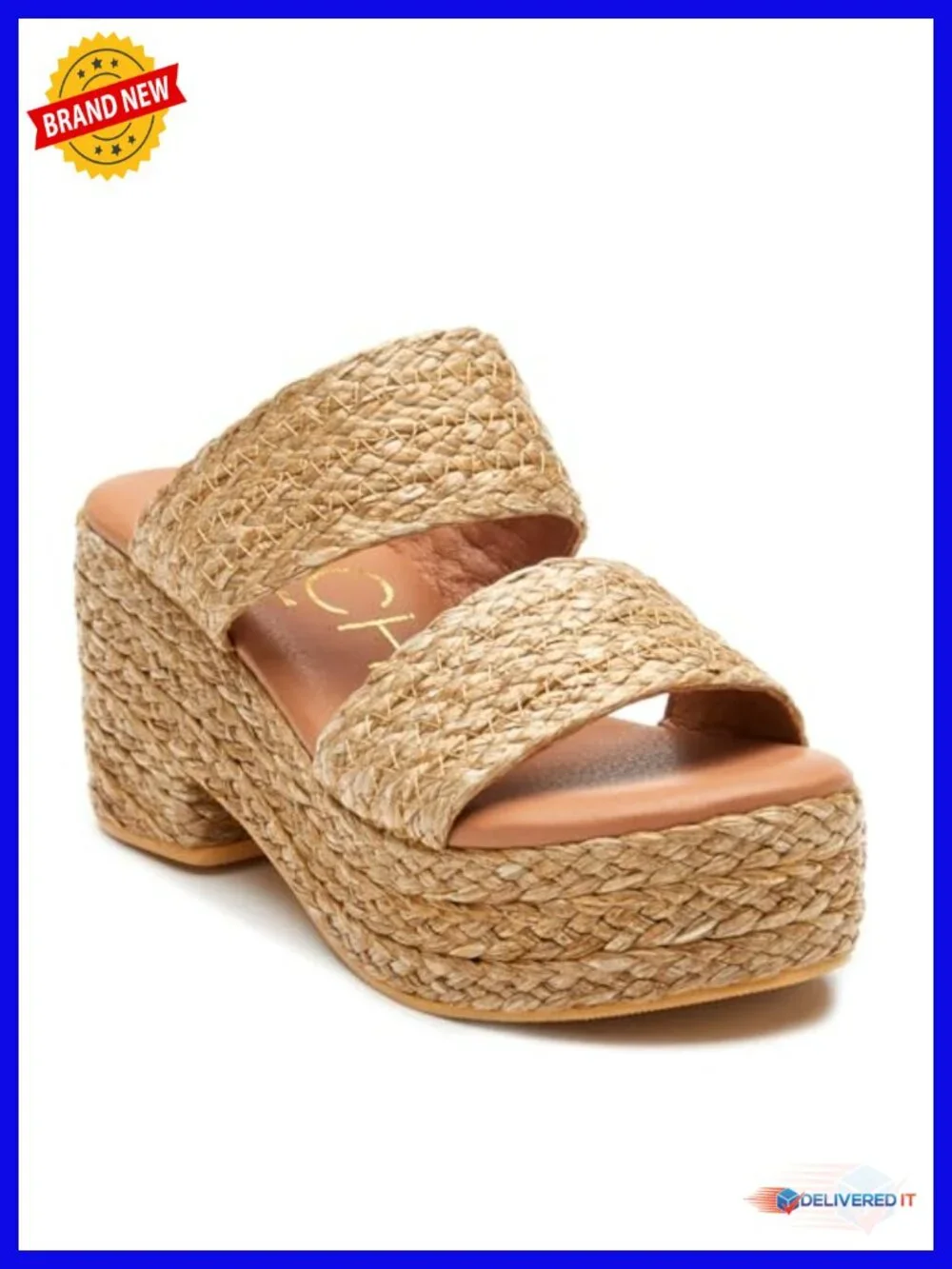 Woven Raffia Platform Wedge Sandals - Slip On Block Heel